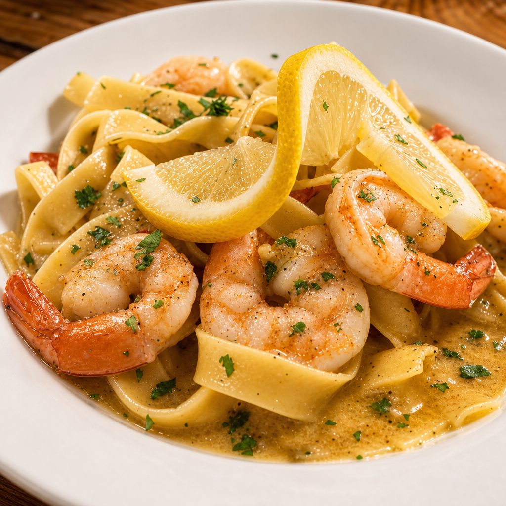 Fettucine with Shrimp Scampi Sauce.